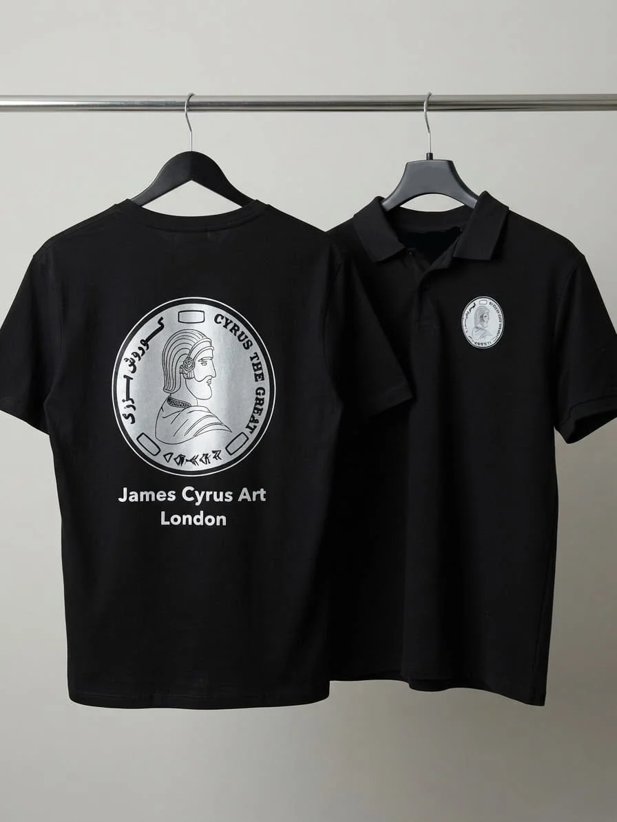 Black cotton t-shirt and polo printed with the Cyrus the Great medallion crest