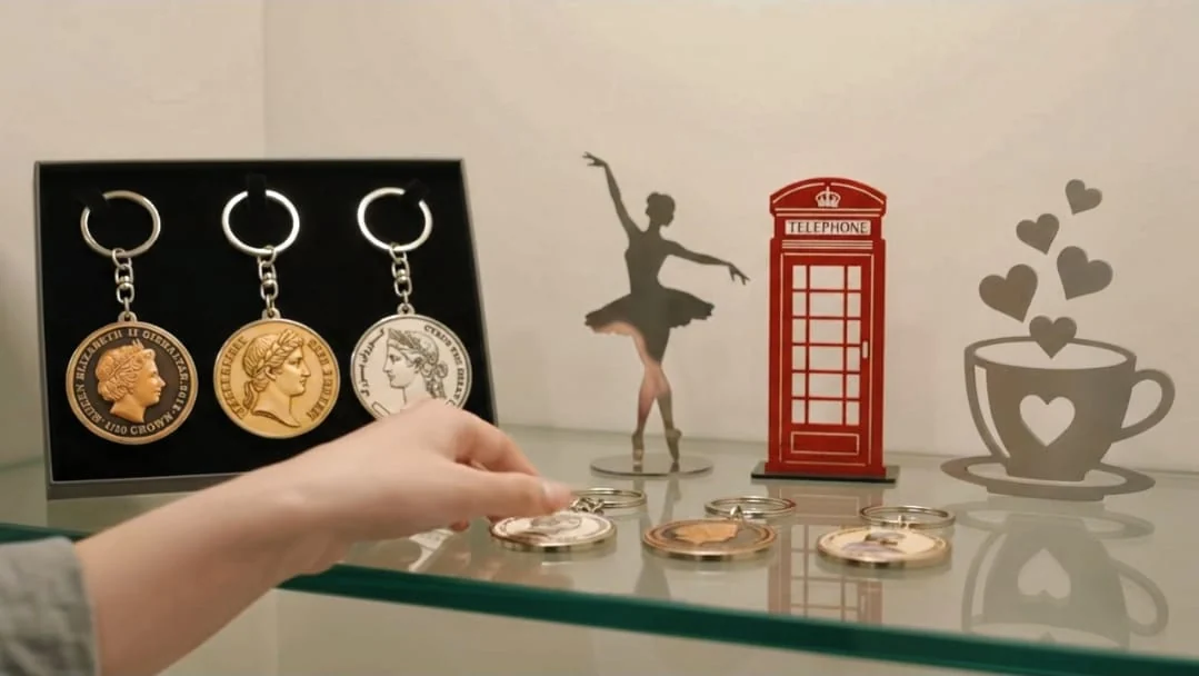 Boxed set of three struck medallion keyrings beside metal artefacts on a glass shelf
