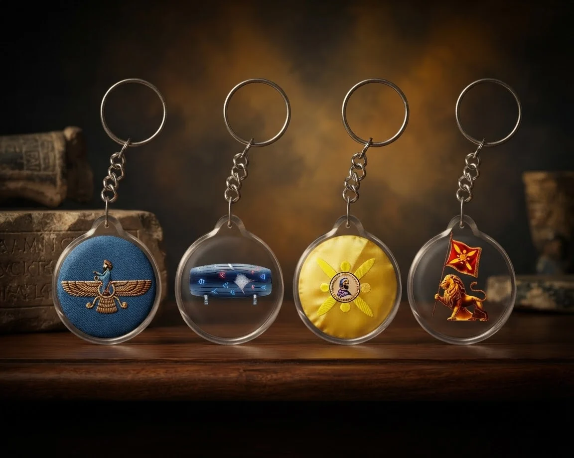 Collection of Persian heritage acrylic keyrings displayed against a warm dark background