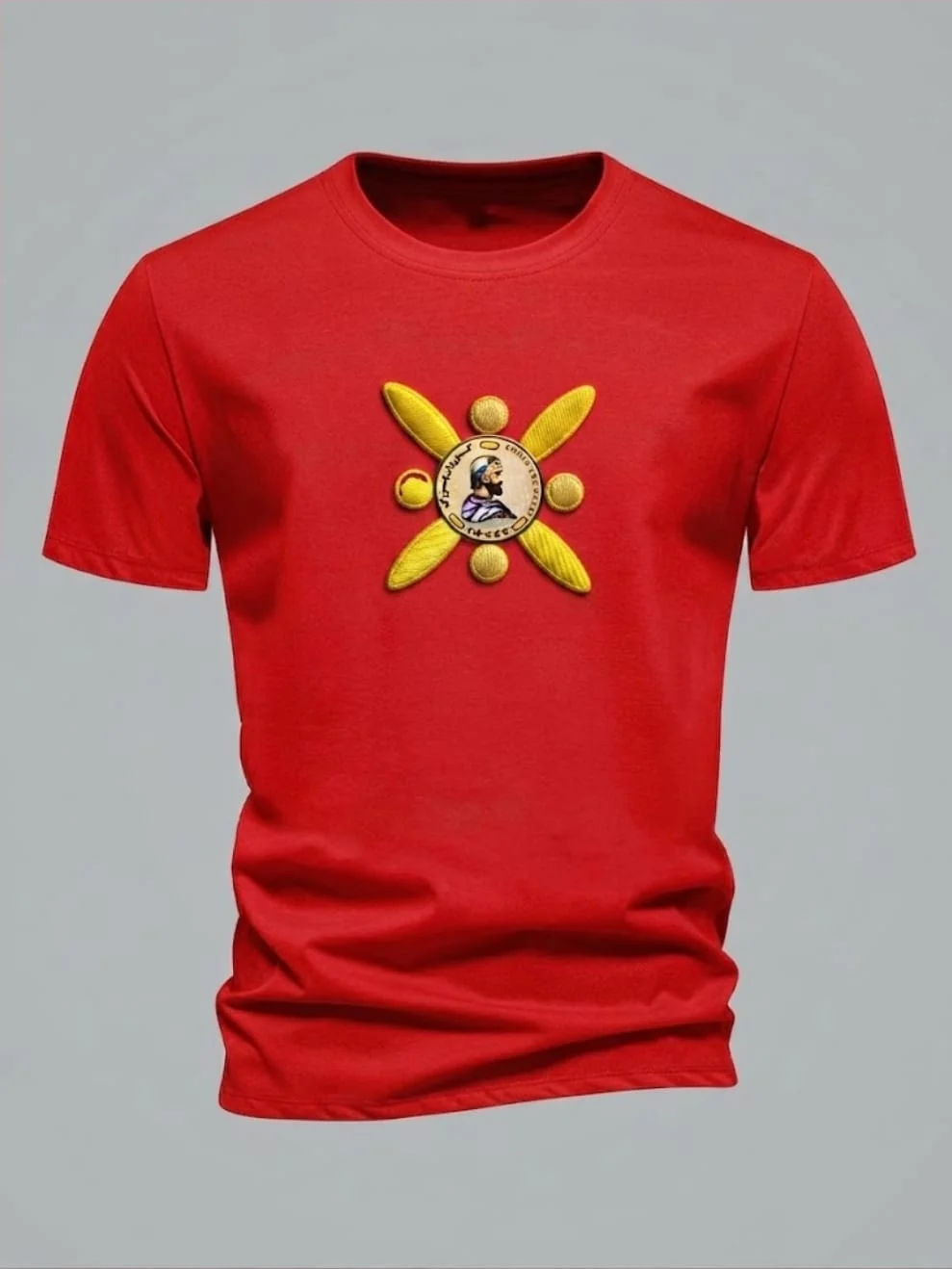 Red t-shirt with a gold Persian sun emblem surrounding the Cyrus seal
