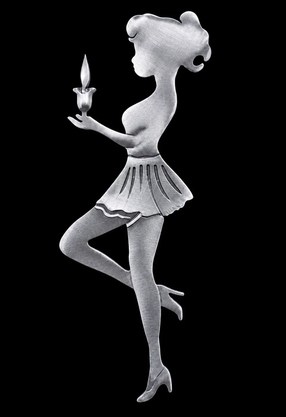 Brushed silver relief of a dancer holding a candle on a black panel