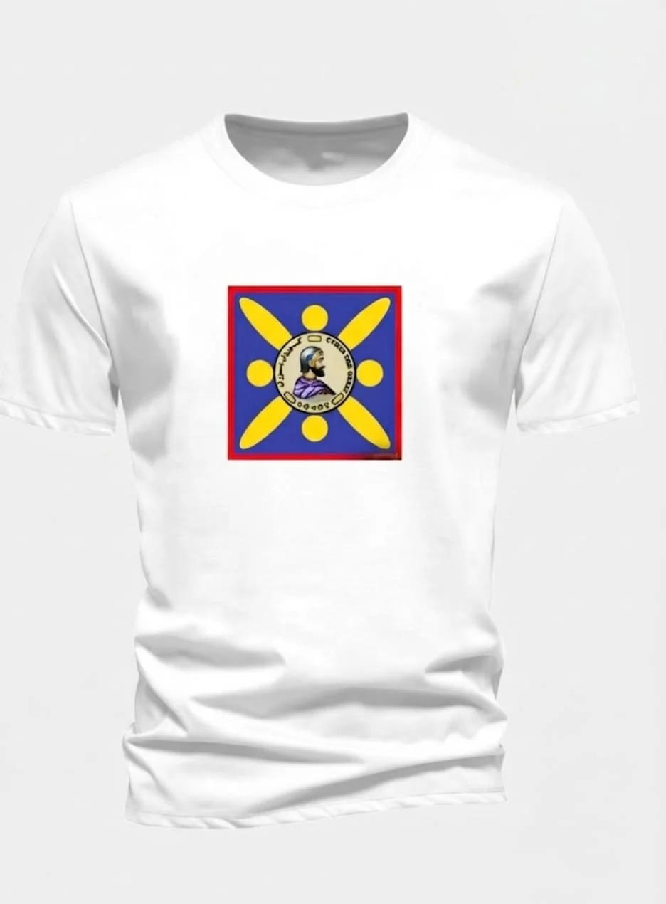 White t-shirt printed with the Persian royal standard emblem and Cyrus seal