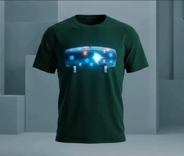 Forest green t-shirt printed with the Cyrus Cylinder in blue and gold