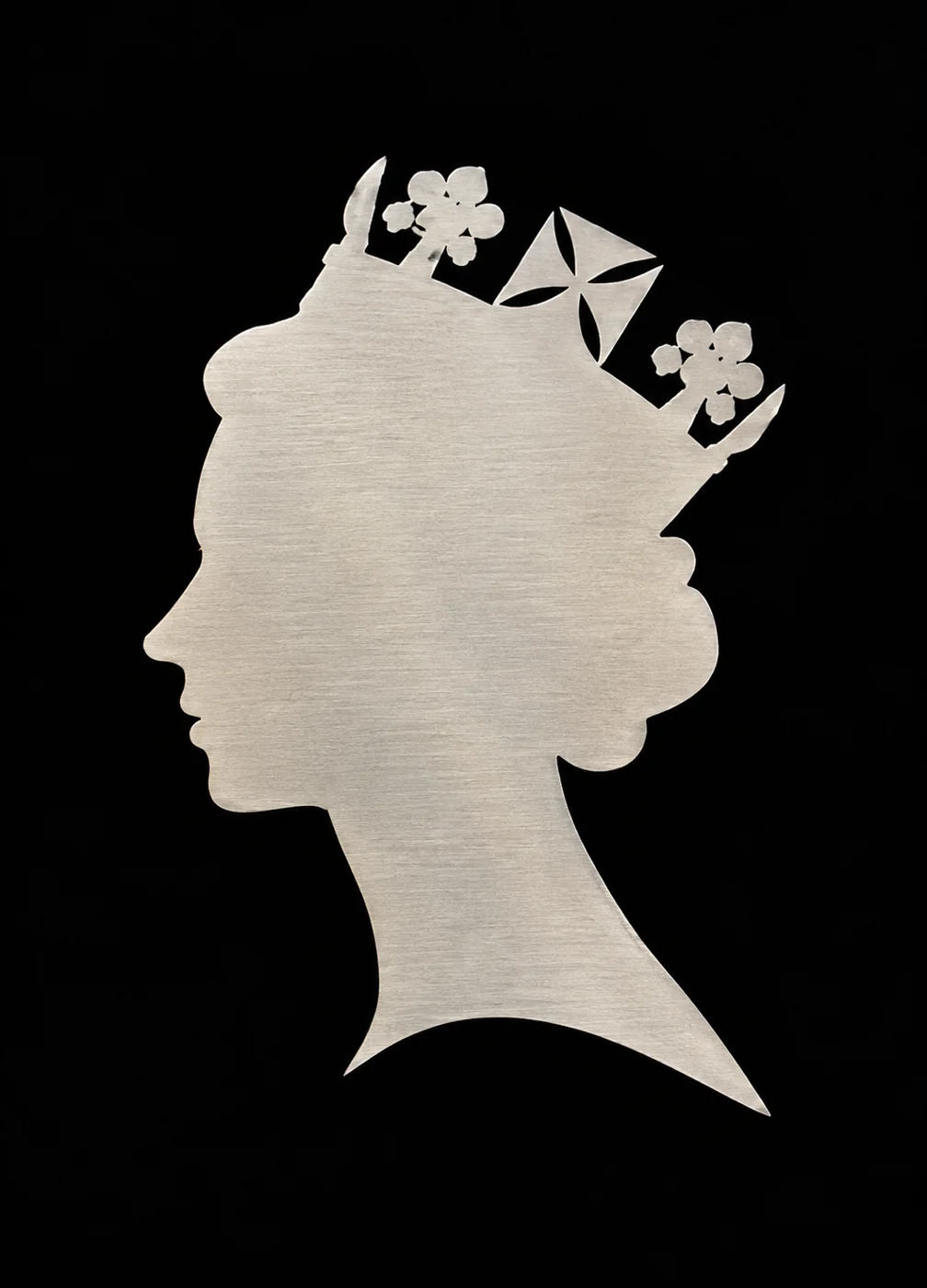 Brushed silver silhouette profile of Queen Elizabeth II wearing the State Diadem