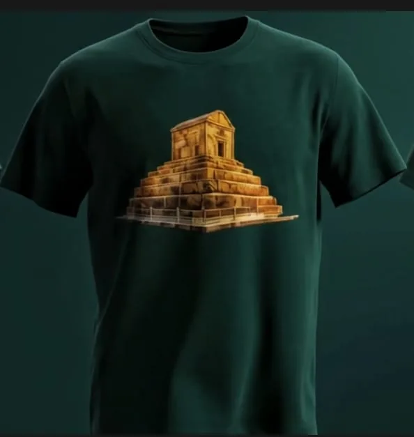 Forest green t-shirt printed with the stepped stone tomb of Cyrus at Pasargadae