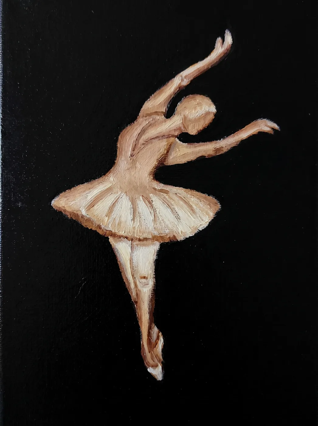 Oil painting of a ballerina in warm cream and copper tones on a black canvas