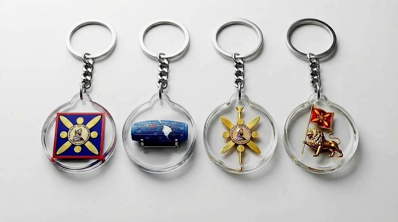Four Persian heritage keyrings in clear acrylic with chrome rings and chains