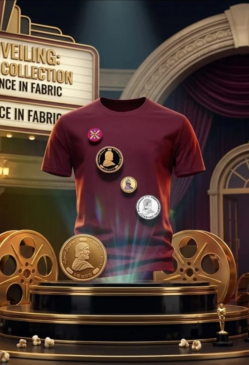 Burgundy t-shirt displayed with struck gold and silver Cyrus medallion badges